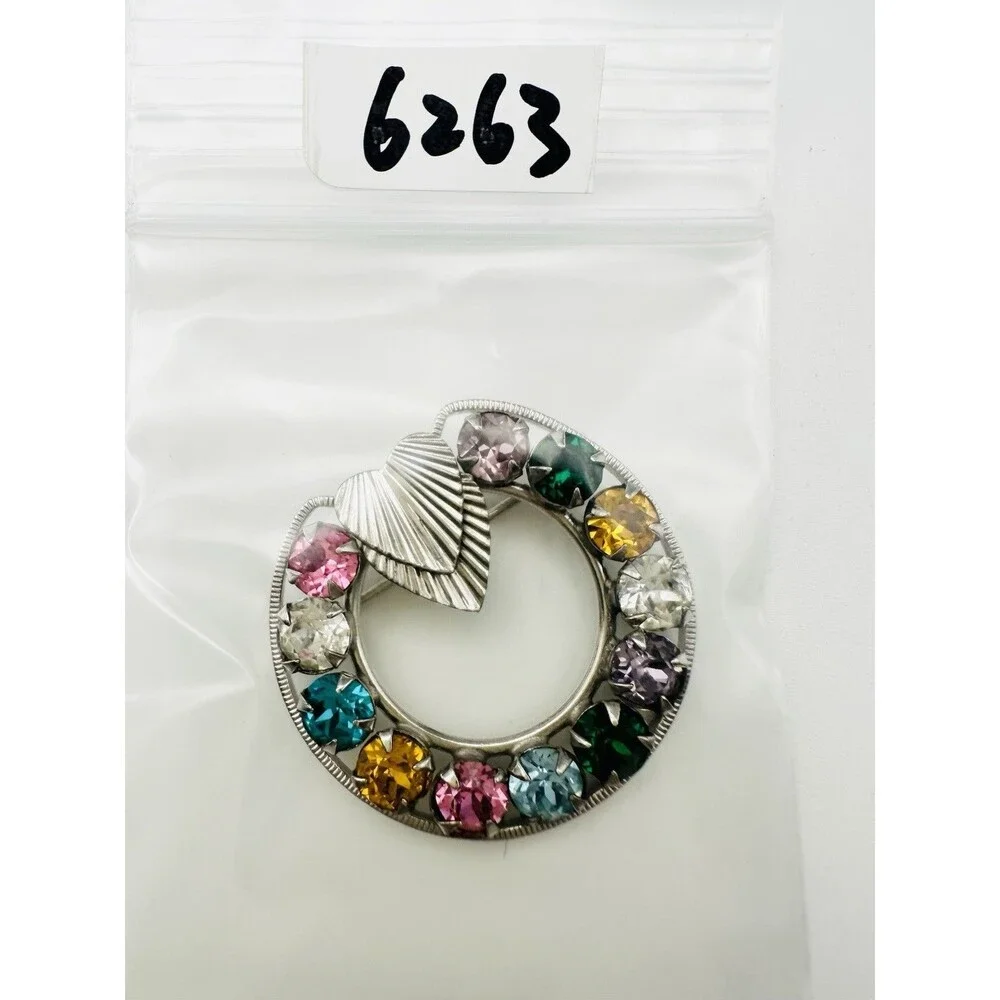 Vintage Sterling Silver Rhinestone Wreath Brooch Pin Multicolor